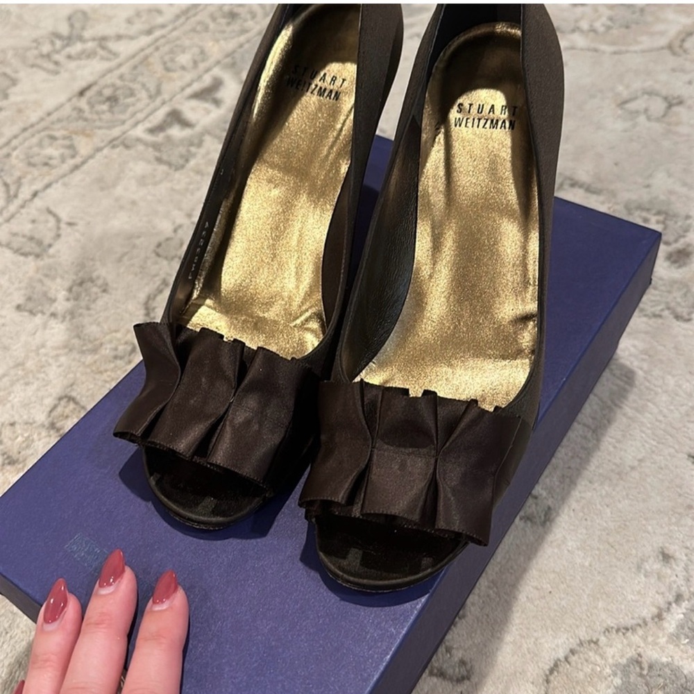 Stuart Weitzman Dark Brown Ruffle Peep-Toe Heels